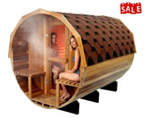 Large 6-8 Person 8' Canadian Red Cedar Barrel Outdoor Wet Dry Swedish Sauna with Porch 9KW Heater SOLID WOOD BEAMS NO PATCHWORK