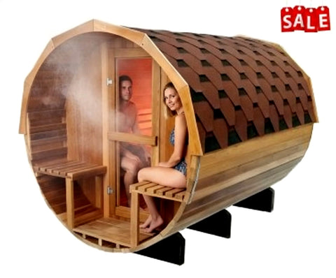 Large 6-8 Person 8' Canadian Red Cedar Barrel Outdoor Wet Dry Swedish Sauna with Porch 9KW Heater SOLID WOOD BEAMS NO PATCHWORK