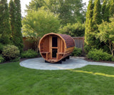 Large 6-8 Person 8' Canadian Red Cedar Barrel Outdoor Wet Dry Swedish Sauna with Porch 9KW Heater SOLID WOOD BEAMS NO PATCHWORK