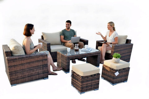 6 Piece Outdoor Wicker Patio Furniture Conversation Set with Table and Ottomans