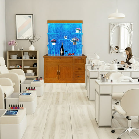 Modern Full Color LED Bubble Panel Wall with Display Cabinet Salon Desk + Shelving