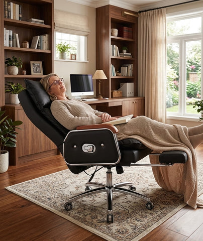 Back and Neck Swivel Heated Massage Recliner Office Chair with Foot Rest Black Solid Wood Arms