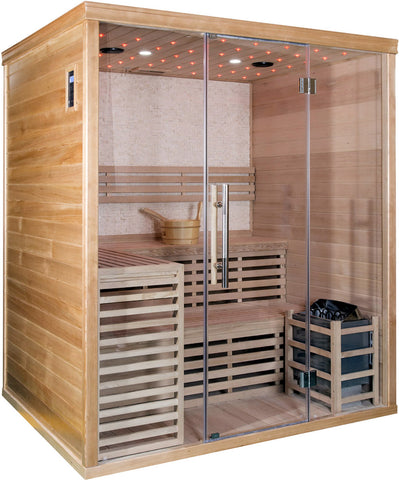 Traditional Wet / Dry 3 Bench Indoor Swedish Steam SPA Sauna 4+ Person Wet Dry 4.5KW 4500W Heater