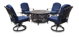 New 5 Piece Cast Aluminum Patio Fire Pit Conversation Set Antique Bronze w/ Sunbrella Navy Cushions