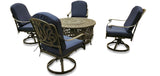 New 5 Piece Cast Aluminum Patio Fire Pit Conversation Set Antique Bronze w/ Sunbrella Navy Cushions