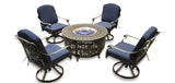 New 5 Piece Cast Aluminum Patio Fire Pit Conversation Set Antique Bronze w/ Sunbrella Navy Cushions