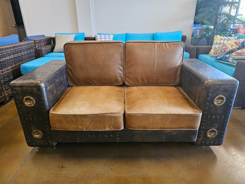 Genuine Cigar Brown Rustic Leather Retro Vintage Retro WW2 Style Aviator Love Seat Couch 2 Seat Chair