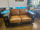 Genuine Cigar Brown Rustic Leather Retro Vintage Retro WW2 Style Aviator Love Seat Couch 2 Seat Chair