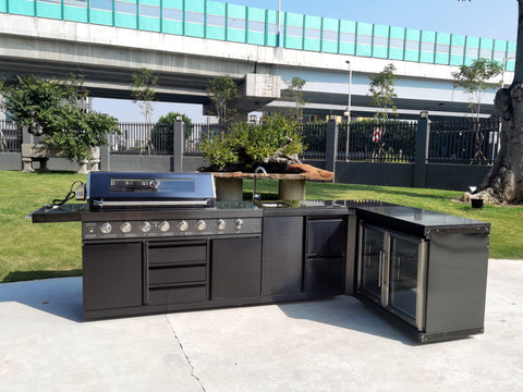 4 Piece Island BBQ Outdoor Grill Black Stainless Steel with Refrigerator, Sink, and L-Shape