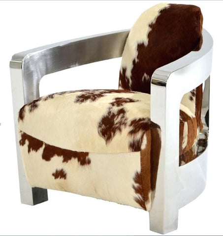 Large Full Cowhide Fur Leather Vintage Aluminum Aviator Retro Airplane Chair