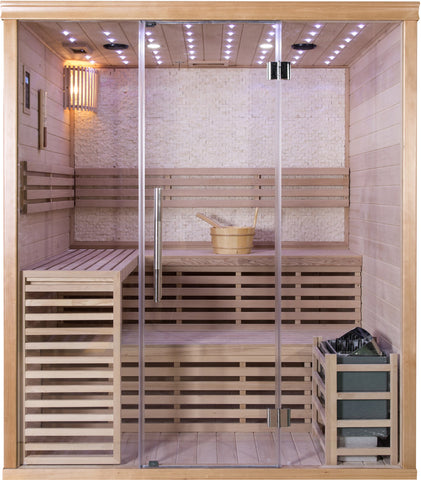 Wet Dry Traditional 3 Bench Indoor Swedish Steam SPA Sauna 4+ Person Harvia 8KW Heater 200F Temps