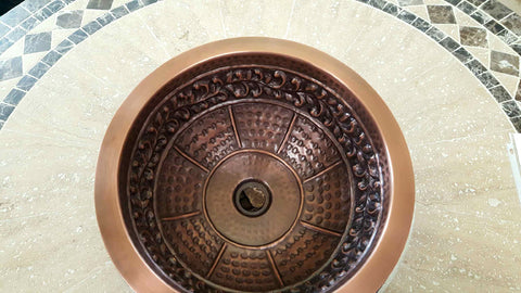 14” Scrolling Leaf Design Round Copper Bathroom Sink