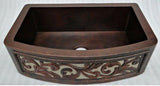 42” Single-Bowl Hammered 100% Copper Farmhouse Sink Curved Front W/ Vine Design