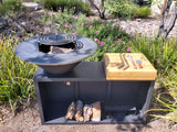 Black CORTEN Steel Outdoor Wood / Charcoal BBQ Grill Kitchen Fire Pit + Cutting Board