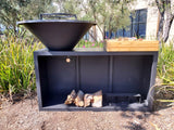Black CORTEN Steel Outdoor Wood / Charcoal BBQ Grill Kitchen Fire Pit + Cutting Board