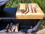 Black CORTEN Steel Outdoor Wood / Charcoal BBQ Grill Kitchen Fire Pit + Cutting Board