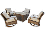 5 Piece Outdoor Patio Furniture Set w/ Fire Pit + 4 Swivel Rocker Aluminum Chairs Sunbrella Upgrade