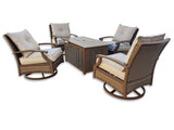 5 Piece Outdoor Patio Furniture Set w/ Fire Pit + 4 Swivel Rocker Aluminum Chairs Sunbrella Upgrade