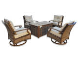 5 Piece Outdoor Patio Furniture Set w/ Fire Pit + 4 Swivel Rocker Aluminum Chairs Sunbrella Upgrade