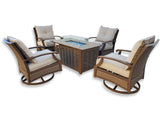 5 Piece Outdoor Patio Furniture Set w/ Fire Pit + 4 Swivel Rocker Aluminum Chairs Sunbrella Upgrade