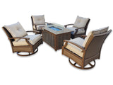 5 Piece Outdoor Patio Furniture Set w/ Fire Pit + 4 Swivel Rocker Aluminum Chairs Sunbrella Upgrade