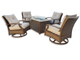 5 Piece Outdoor Patio Furniture Set w/ Fire Pit + 4 Swivel Rocker Aluminum Chairs Sunbrella Upgrade