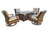 5 Piece Outdoor Patio Furniture Set w/ Fire Pit + 4 Swivel Rocker Aluminum Chairs Sunbrella Upgrade