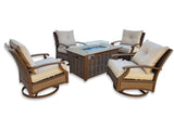 5 Piece Outdoor Patio Furniture Set w/ Fire Pit + 4 Swivel Rocker Aluminum Chairs Sunbrella Upgrade