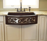 42” Single-Bowl Hammered 100% Copper Farmhouse Sink Curved Front W/ Vine Design