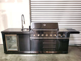 3 Piece Black Stainless Steel Outdoor BBQ Kitchen Grill Island w/ Refrigerator Sink Pizza Oven