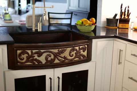 42” Single-Bowl Hammered 100% Copper Farmhouse Sink Curved Front W/ Vine Design