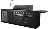 2 Piece Black Stainless Steel Outdoor BBQ Kitchen Grill Island w/ Refrigerator + Sink Marble Top Upgrade Brushed Nickel Faucet