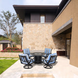 5 Piece Outdoor Patio Furniture Fire Pit Set Cast Aluminum Bronze 4 Chairs + Table  Blue Stripe