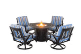 5 Piece Outdoor Patio Furniture Fire Pit Set Cast Aluminum Bronze 4 Chairs + Table  Blue Stripe