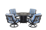 5 Piece Outdoor Patio Furniture Fire Pit Set Cast Aluminum Bronze 4 Chairs + Table  Blue Stripe