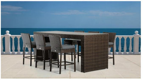 7 Piece PE Rattan / Wicker Outdoor Glasstop Bar Table Stool Set (with cushions)