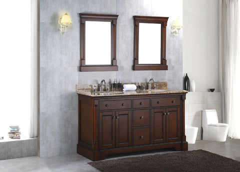 Solid Wood 60" Double Bathroom Vanity Sink Cabinet w/ Granite Stone Top