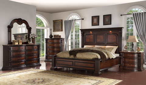 6 Piece KING Bedroom Furniture Set Bed + 2 Nightstands + Chest + Dresser + Mirror Cherry Finish