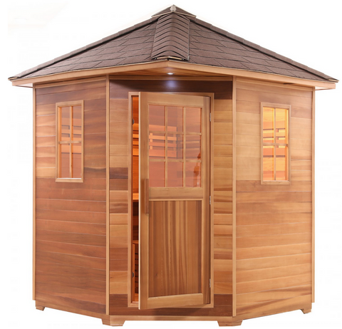 Outdoor Traditional Wet / Dry 4 Person Steam Sauna SPA w/ Shingled Roof Canadian Cedar 6KW