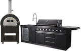 3 Piece Black Stainless Steel Outdoor BBQ Kitchen Grill Island w/ Refrigerator Sink Pizza Oven