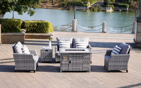 Modern Grey Wicker 5 Piece Outdoor Patio Furniture Set (2 seater sofa) with Gas Fire Pit